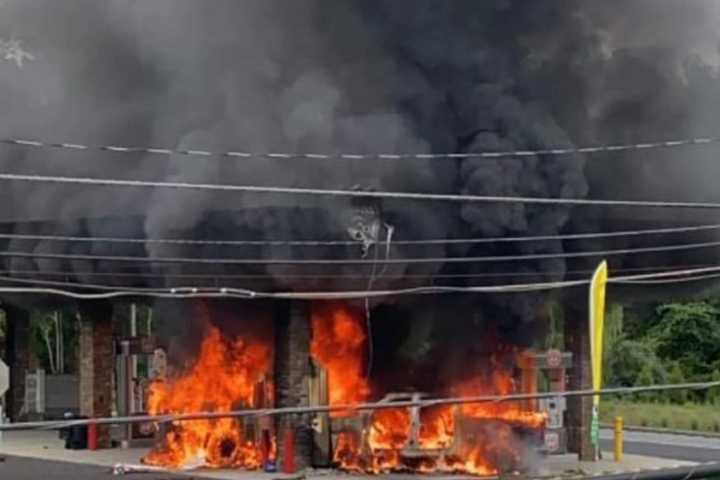 PHOTOS: 1 Hospitalized After Car Goes Up In Flames, Blaze Extends To Route 206 Gas Station