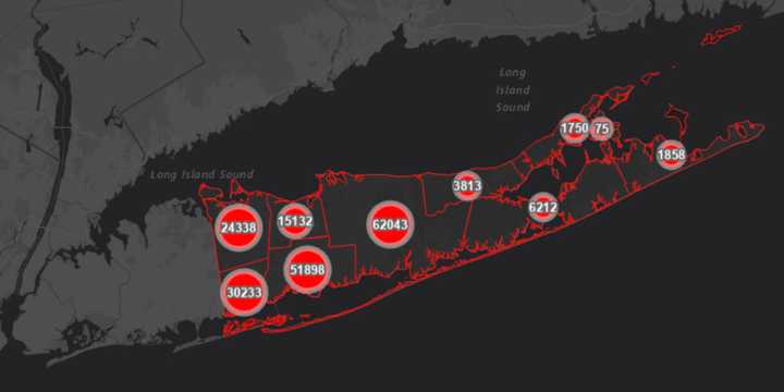 The Suffolk County COVID-19 map on Monday, Aug. 23.