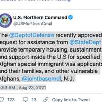 <p>The joint air base in Burlington County is offering help to Afghan refugees, the U.S. Northern Command tweeted on Monday.</p>