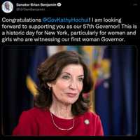 <p>Incoming Lt. Gov. Brian Benjamin on Twitter congratulating Gov. Kathy Hochul.</p>