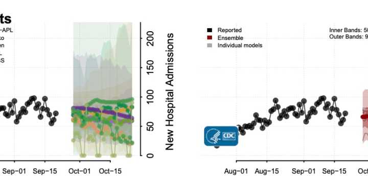 The CDC&#x27;s forecast of new COVID-19 hospitalizations in Massachusetts.