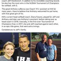 <p>&quot;The great Anthony LaRezza was Coach &#x27;H&#x27;s&#x27; assistant at IHA for many years. Have to believe that Anthony welcomed his pal home, with that great grin of his.&quot;</p>