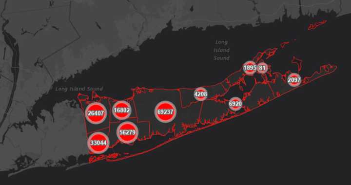 The Suffolk County COVID-19 map on Monday, Oct. 4.