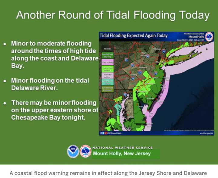 A coastal flood warning has.been issued for the Jersey Shore and South Jersey near the Delaware Bay.