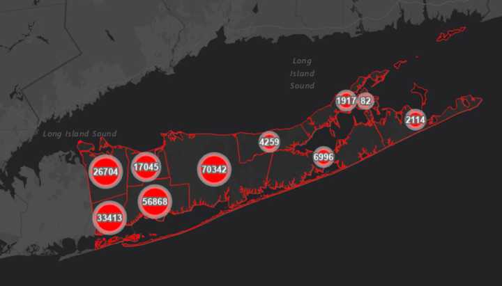 The Suffolk County COVID-19 map on Wednesday, Oct. 13.