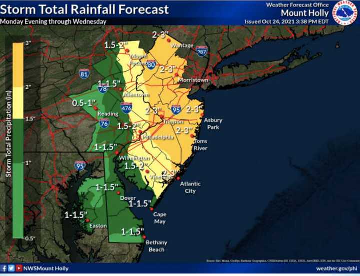 Storm total rainfall forecast across NJ and Southeastern PA.