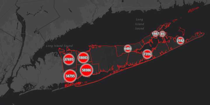 The Suffolk County COVID-19 map on Friday, Nov. 12.