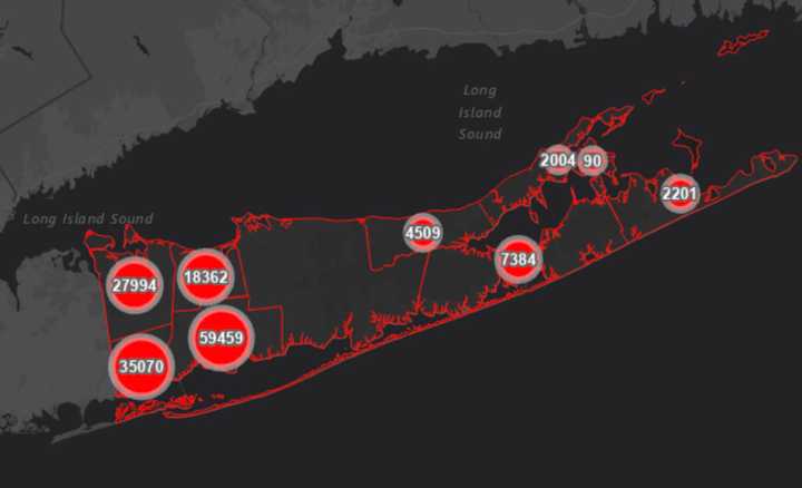 The Suffolk County COVID-19 map on Thursday, Nov. 18.