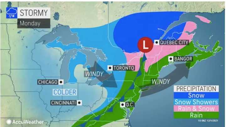 Most of the Northeast will see rain (in green) from the storm system that will sweep through the region on Monday, Dec. 6.