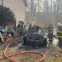 <p>The Byram Township Fire Department responded to the fully involved blaze next to a home in the Brookwood section of town around 3:45 p.m.</p>