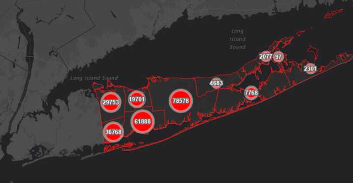 The Suffolk County COVID-19 map on Monday, Dec. 6.