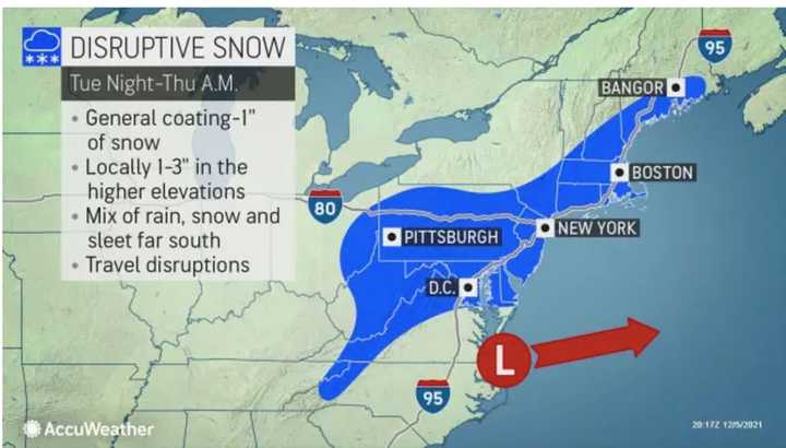 Most of the region will generally see a coating to 1 inch of snowfall, with locally higher totals of 1 to 3 inches possible in higher elevations.