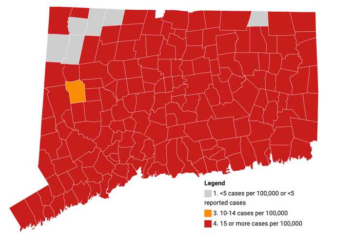 This map shows the average daily rate of new cases of COVID-19 by town during the past two weeks. Only cases among persons living in community settings are included in this map.