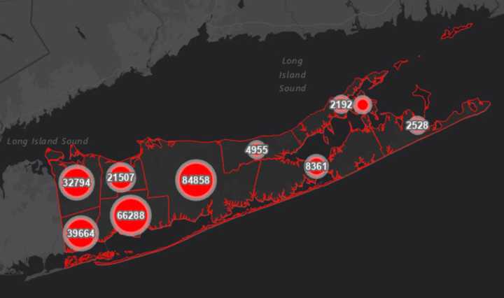 The Suffolk County COVID-19 map on Wednesday, Dec. 22.