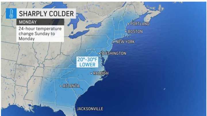 Sharply colder weather will arrive on overnight Sunday, Jan. 2 into Monday, Jan. 3.