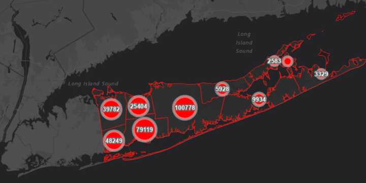 The Suffolk County COVID-19 map on Tuesday, Jan. 4