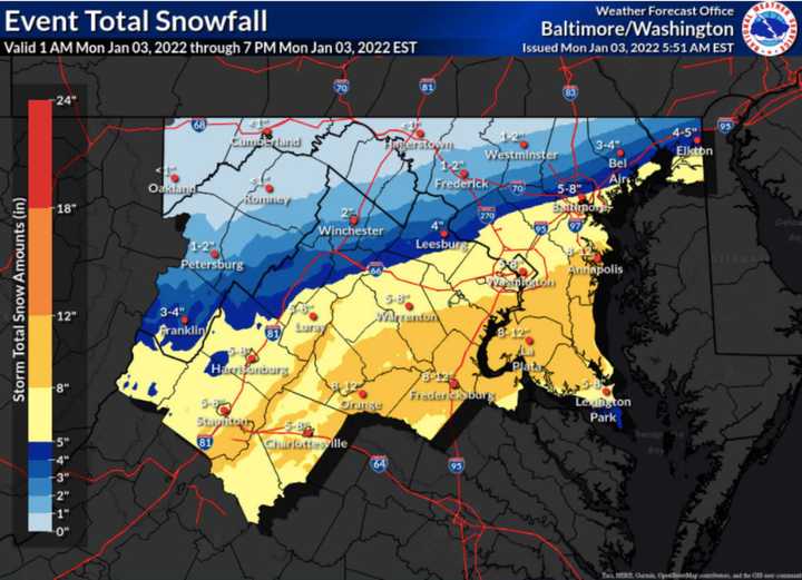 Snow totals Jan. 3.