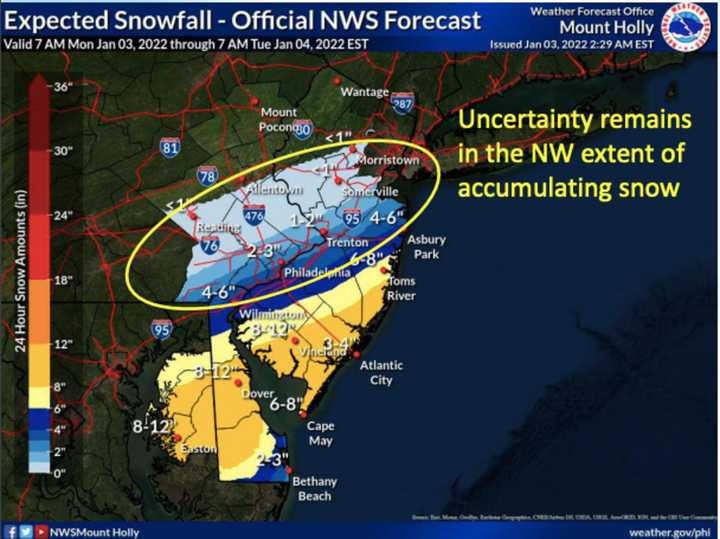 Up to a foot of snow was possible in South Jersey Monday.