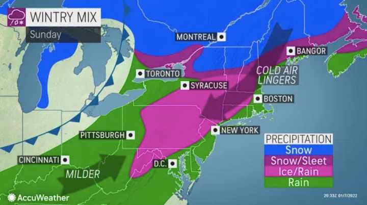 Ice and rain are expected across most of Pennsylvania, along with North Jersey and northern Maryland Sunday.