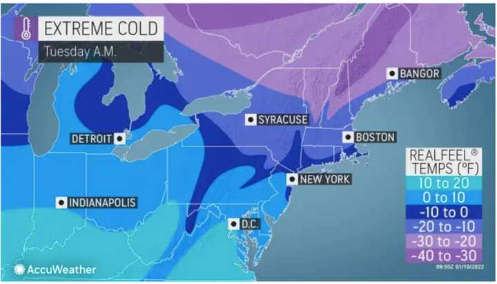 A look at projected wind-chill factor temperatures on Tuesday morning, Jan. 11.