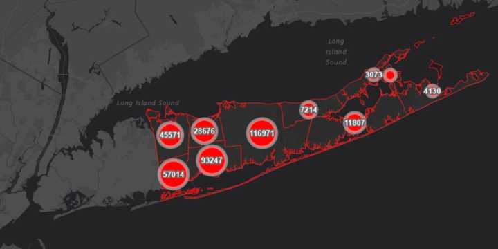 The Suffolk County COVID-19 map on Wednesday, Jan. 12.