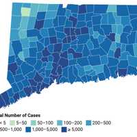 <p>This map shows the distribution of COVID-19 cases, deaths, and tests since the beginning of the pandemic. Darker colors indicate towns with more cases.</p>