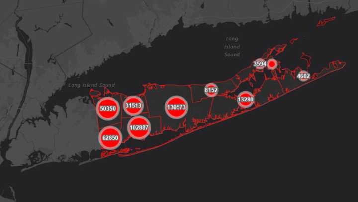 The Suffolk County COVID-19 map on Friday, March 11.