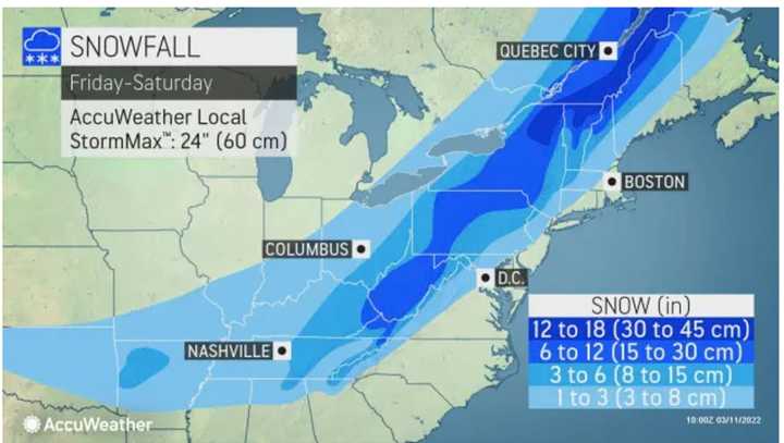 Projected snowfall amounts for the large storm on Saturday, March 12.