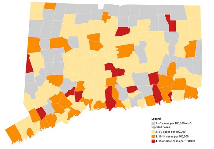 This map shows the average daily rate of new cases of COVID-19 by town during the past two weeks. Only cases among persons living in community settings are included in this map.