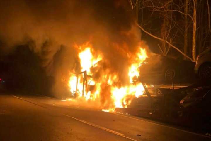 4 Vehicles Destroyed As Car Carrier Goes Up In Flames On Route 80 (PHOTOS)