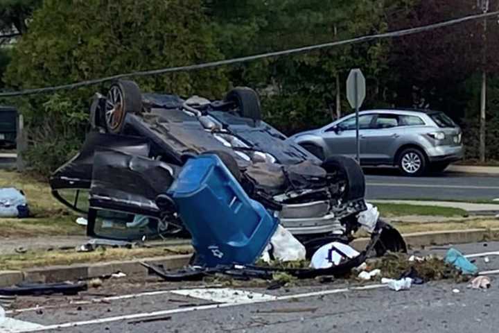 Driver, Passenger Hospitalized As Car Slams Into Pole, Flips In Hunterdon County (PHOTOS)