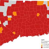 <p>This map shows the average daily rate of new cases of COVID-19 by town during the past two weeks</p>