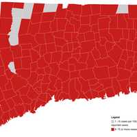 <p>This map shows the average daily rate of new cases of COVID-19 by town during the past two weeks</p>