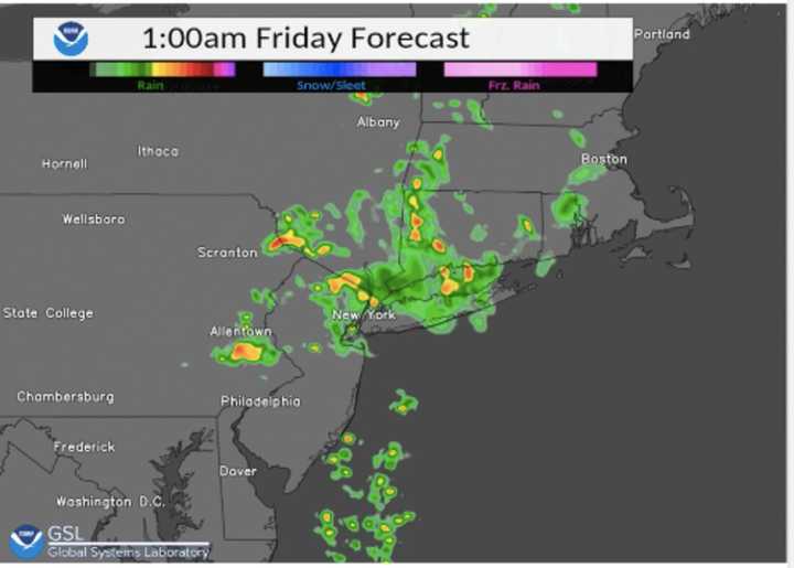 A projected radar image of the region for 1 a.m. Friday, June 17, according to the National Weather Service.