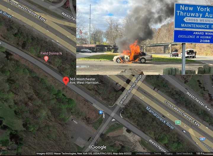 A Mercedes caught on fire in Purchase at 565 Westchester Ave. on Sunday, Nov. 13.