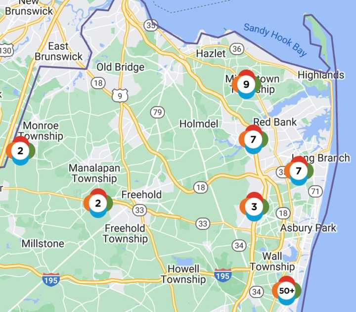 Jersey Central Power &amp; LIght&#x27;s tracker map for Monmouth County, which experienced about 27,000 outages on Monday morning.