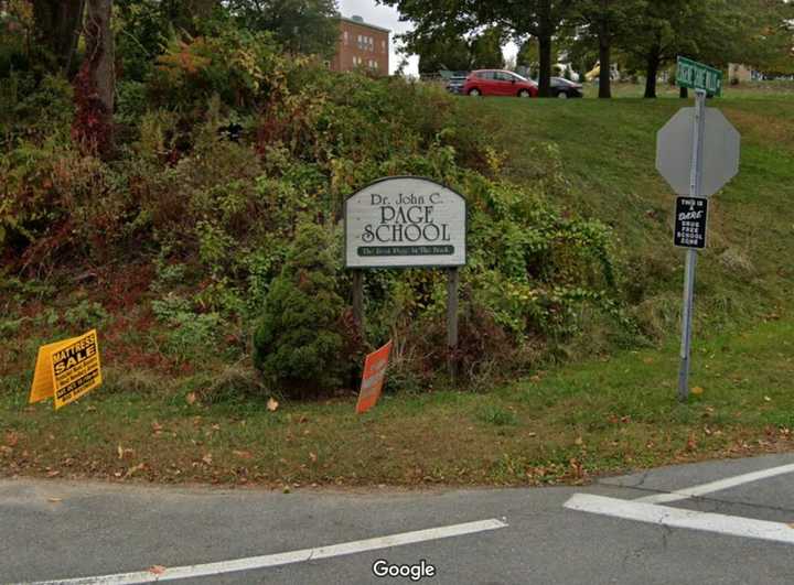 The entrance to the Dr. John C. Page School in West Newbury, MA