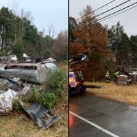 <p>The overturned tractor-trailer in Loudoun County</p>