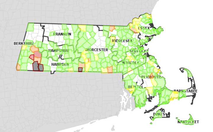 Power outages were reported all across Massachusetts because of an storm that brought wind gusts of nearly 70 mph