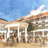 <p>An artist&#x27;s rendering of a plaza in front of the proposed Icona Ocean City resort hotel.</p>