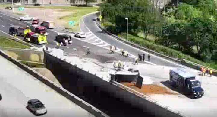 Scene of the crash on Interstate 287 southbound in Metuchen. A dump truck spilled dirt across I-287.