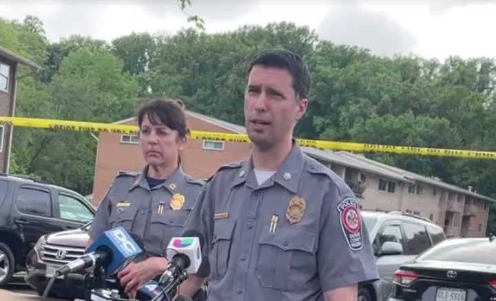 FCPD&#x27;s Eli Cory briefs news outlets on the double fatal shooting at a Memorial Day gathering in Falls Church.