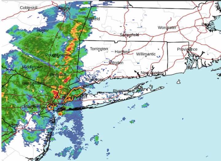 A radar image of storm activity from 1:30 p.m. Wednesday is shown above, with the most severe storms marked in red and orange.