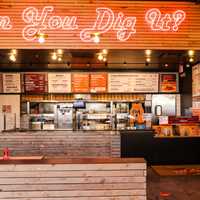 <p>The interior of a Big Chicken restaurant.</p>