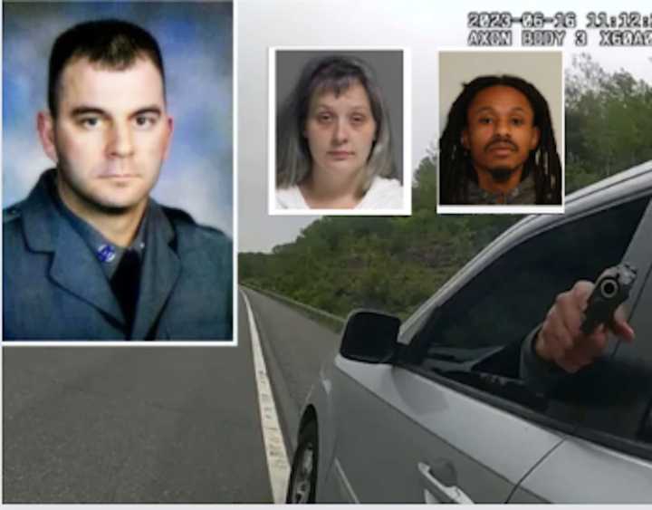 The body cam of New York State Police trooper Richard Albert (pictured at far left) captured the moment a driver opened fire (shown in the background). The two suspects, Alicia Eriole and Nelson Troche, are also pictured.