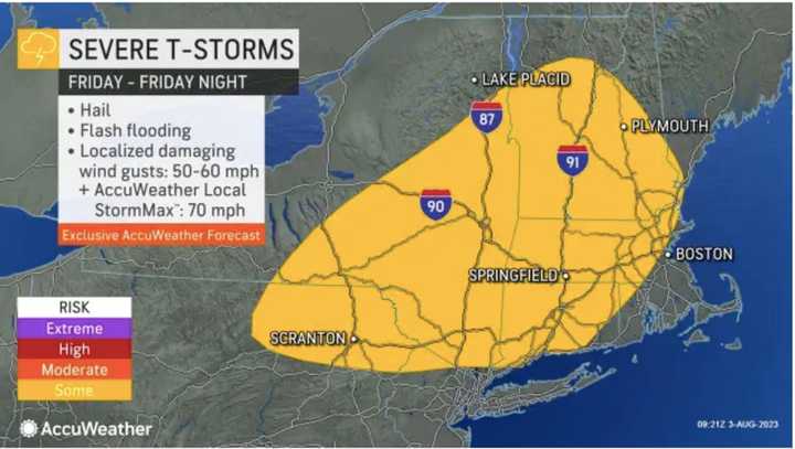 Areas in yellow are where the most severe storms are expected on Friday, Aug. 4.