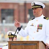 <p>Cmdr. Scott Bresnahan, commanding officer of the USS Indiana (SSN 789), delivers remarks during a change-of-command ceremony in Groton, Connecticut, June 23.</p>