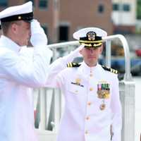 <p>Cmdr. Kyle McVay, commanding officer of the USS Indiana (SSN 789), departs the ship during a change-of-command ceremony in Groton, Connecticut, June 23, 2023.</p>