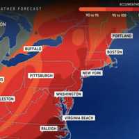 <p>AccuWeather&#x27;s real-feel map shows much of the mid-Atlantic could seem like temperatures are more than 100 degrees.</p>