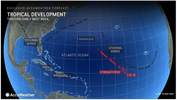 As of 5 p.m. Saturday, Sept. 16, Tropical Depression 15 is moving north-northwest at 16 miles per hour over the open Atlantic toward the Caribbean Sea.